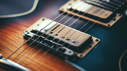 Fototapeta premium Close-up view of a sunburst electric guitar resting on a surface with warm lighting highlighting its polished finish and intricate details