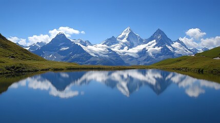 Serene mountain lake reflecting snow-capped peaks.