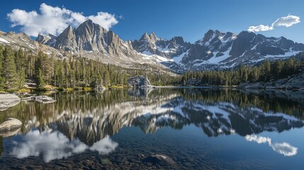 Serene mountain lake reflecting snow-capped peaks.