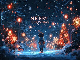 Obraz premium Merry christmas card with a little girl walking through a snowy forest