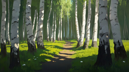 Russian landscape painting with birch forest