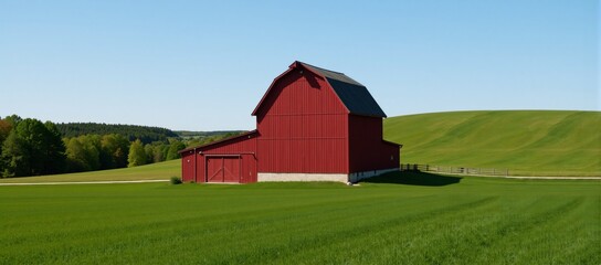 Close-up of a lush countryside scene featuring a double exposure of a vibrant red barn against verdant green fields set beneath a clear blue sky - Powered by Adobe