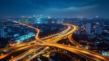 Naklejka premium Stunning aerial view of illuminated highway light trails at night, showcasing dynamic movement and urban landscape. Perfect for concepts of speed, transportation, and modern infrastructure.