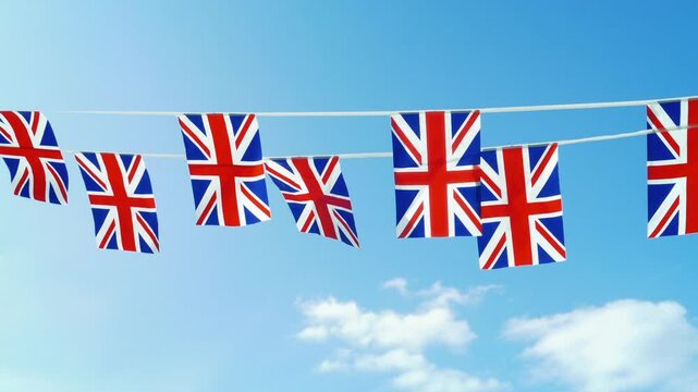 British Flags In Breeze On Blue Sky
