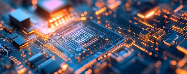 Obraz premium Closeup of illuminated circuit board.