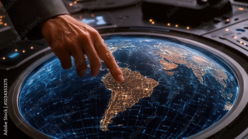 Aufkleber Hand Pointing at a Futuristic Earth Globe with a Grid Pattern