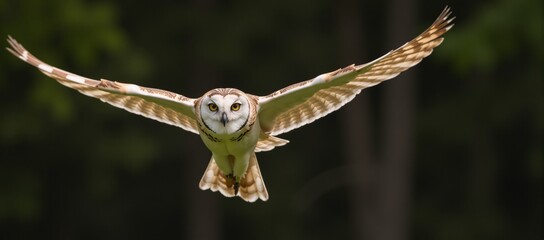 An owl soars with spread wings and an angled head