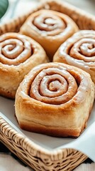 Warm cinnamon rolls sit invitingly in a dish, drizzled with creamy icing, creating a delicious breakfast treat perfect for sharing with friends and family