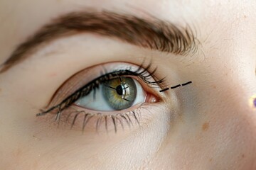 Fototapeta premium A close view of an eye reveals intricate details of the iris, eyelashes, and skin texture, illuminated by soft natural light, highlighting its vivid colors.