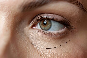 Obraz premium A detailed view of a human eye reveals fine lines and skin texture around the eyelid, emphasizing the natural signs of aging in bright daylight.