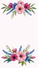Obraz premium Vintage watercolor illustration featuring an isolated pink and blue floral bouquet with flowers and feathers