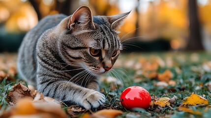 A tabby cat plays with a red ball on a bed of autumn leaves.