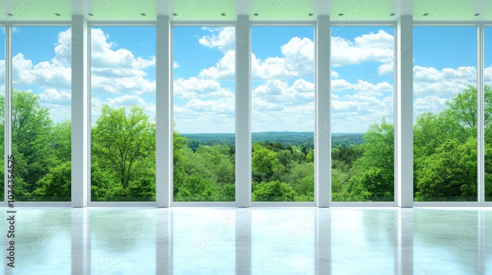 Poster View of a Lush Green Forest Through Large Windows in a Modern Room