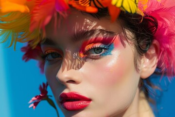 A model poses with dramatic, colorful makeup featuring bold eyeshadow and bright lips, complemented by a floral headdress against a vivid blue backdrop.