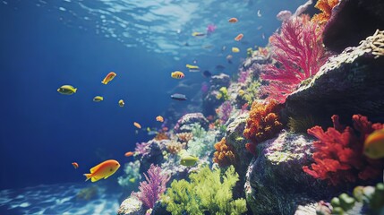 Naklejka premium Underwater scene of a vibrant coral reef and tropical fish.
