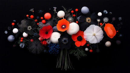 Colorful floral arrangement with red and white flowers on black background with copy space