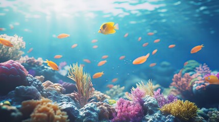 Obraz premium Underwater scene of a vibrant coral reef and tropical fish.