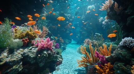 Underwater scene of a vibrant coral reef and tropical fish.