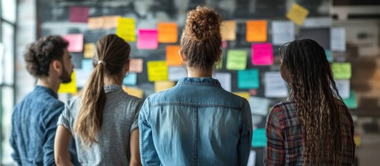 A team of four colleagues stand looking at a wall covered in colorful sticky notes.
