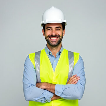 Trabalhador da constru&ccedil;&atilde;o civil engenheiro com colete e capacete para seguran&ccedil;a 1