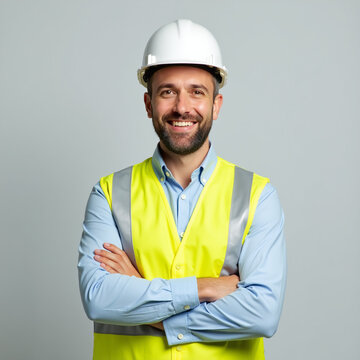 Trabalhador da constru&ccedil;&atilde;o civil engenheiro com colete e capacete para seguran&ccedil;a 2