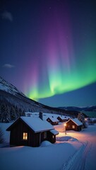 Obraz premium A snowy village under the glow of Aurora Borealis and stars
