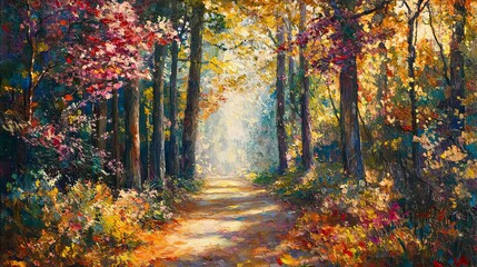 Obraz premium Vibrant autumn forest path, sunlight filtering through colorful leaves. 