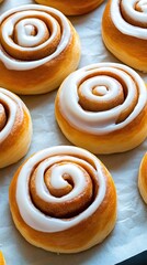 Fototapeta premium Warm cinnamon rolls sit invitingly in a dish, drizzled with creamy icing, creating a delicious breakfast treat perfect for sharing with friends and family