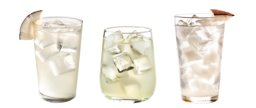 A clear drink filled with ice cubes and garnished with a slice of coconut isolated on white transparent background.