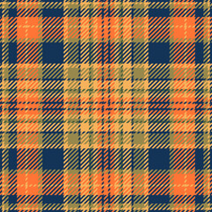 Real check fabric texture, short vector textile seamless. Korean background tartan plaid pattern in blue and orange peel colors.