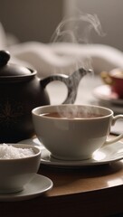 A cup of tea and sugary delights set beside an intricate teapot