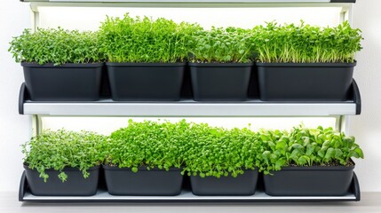 Fototapeta premium Various types of herbs and greens thrive in black pots, displayed on a rustic wooden crate under sunlight. The healthy plants are ready for harvesting