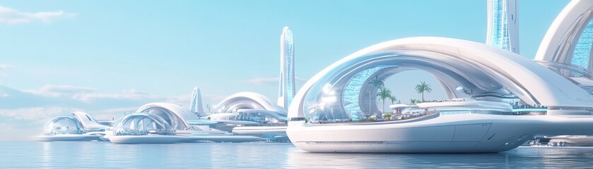 Obraz premium Futuristic coastal cityscape a vision of innovative architecture and sustainable living in a serene ocean setting