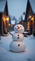 Naklejka premium Cheerful snowman near lit-up winter village