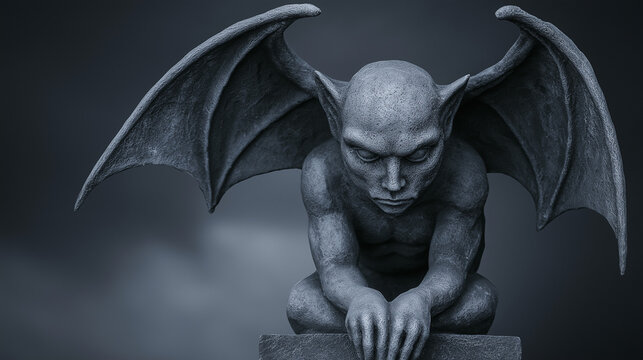 Dark gargoyle sculpture with wings in a gothic style representing mystery and intrigue