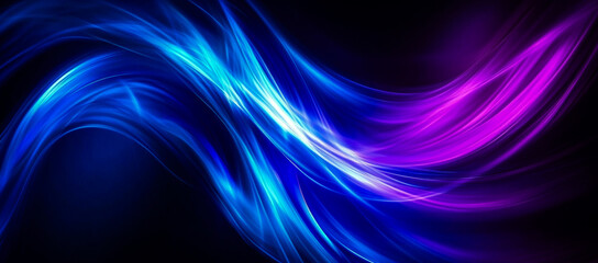 Dynamic abstract illustration featuring flowing waves of blue and purple light with vibrant highlights. The smooth, glowing curves create a futuristic, energetic, and fluid visual design