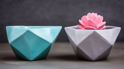 Stylish geometric planters with a pink flower on a gray background representing modern aesthetics