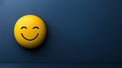 Cheerful yellow smiley face on a dark blue background with copy space for text