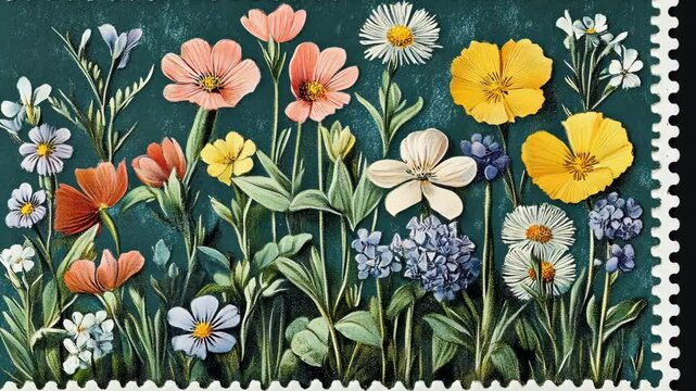A colorful collection of wildflowers are pictured on this vintage stamp