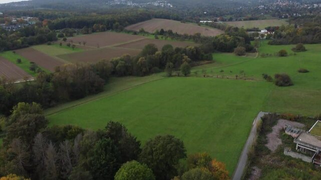 Aerial view of a rural area outside Schwalbach on the side of the mountain range Taunus, Hesse, Germany.