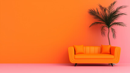Orange sofa with tropical plant on vibrant background and copy space