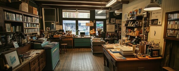 A cluttered, wooden bookstore with bookshelves and a window.