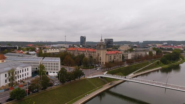Beautiful Aerial view of the Vilnius city, the capital of Lithuania. Top cinematic aerial view. Vilnius cityscape in a beautiful autumn day, Lithuania.