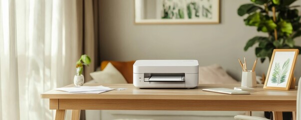 White printer on wooden desk with supplies.