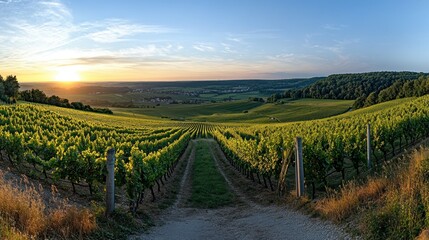 Fototapeta premium A Sunset View of a Grapevine Plantation with a Dirt Path Leading Through It