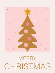 Christmas card. Festive design with typography and Christmas tree. Hand drawn illustration for season, poster, cover. Vector illustration