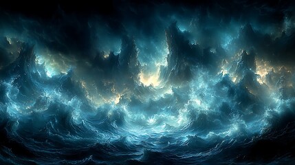 Dramatic stormy sky with dark clouds and glowing light in the center over a dark sea.