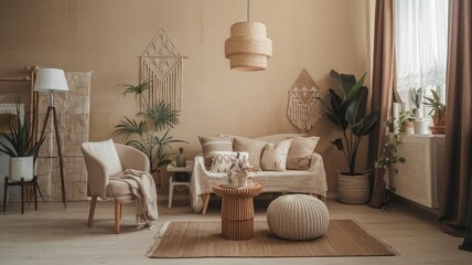 A living room with a couch and a plant in the corner.
