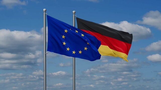 Germany and European Union flags flying together, video concept of the relationship, two country relations concept
