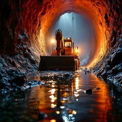 Obraz premium Tunnel Construction. A yellow excavator is working in a dark tunnel, illuminated by a spotlight.